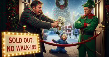 a father holding money is trying to bribe man in a green elf costume 