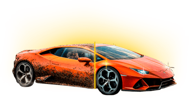 A before and after split view of a muddy orange Lamborghini being detailed to a shiny finish.