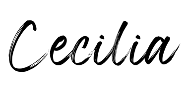 Elegant handwritten brush script text reading Cecilia in black ink on a white background.