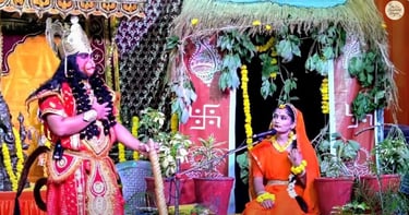 Ramleela performance scene on Rangmanch at Kota Dussehra Mela depicting Lord Hanuman meeting Mata Sita in Ashok Vatika.