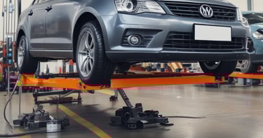 Several racing tires are placed on a concrete floor, with one large tire in the foreground. A person is kneeling and working on a tire, while another person stands nearby wearing green gloves. The background shows a garage environment with tools and equipment.