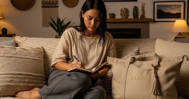 Seorang model wanita dengan tote bag modern berwarna pale desert sand dari kain kanvas polyester SIGNIFO