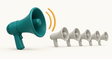 One bold teal megaphone standing out from a row of identical grey megaphones, representing a unique