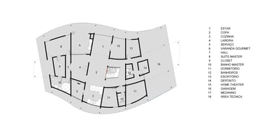 Planta do térreo de uma casa sustentável de tijolos ecológicos, telhado verde e reuso de água