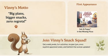 Vinny, tiny Brooklyn Rockstar Squirrel in Salz and Peppa children's book
