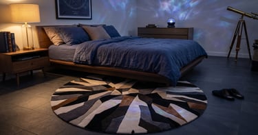 Round abstract geometric burst patchwork tufted rug in black charcoal grey walnut brown and cream