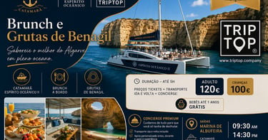 Promotional flyer for an Algarve catamaran tour to Benagil Caves with brunch on board.