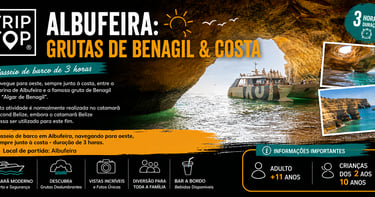 Trip Top boat tour banner for Albufeira to Benagil Caves featuring a catamaran in a sea cave.