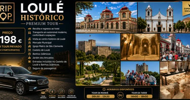 Promotional banner for a Loulé Histórico premium tour in Portugal featuring photos of the castle, market, and church.