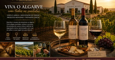 Algarve enotourism wine tasting with bottles and glasses on a barrel overlooking a sunset vineyard.