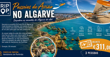 Aerial sightseeing airplane tours in Algarve over Portimão beaches and coastal cliffs for three people.