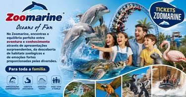 Zoomarine Algarve theme park poster featuring dolphins, family rides, and exotic marine animals.