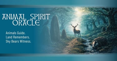 Homepage banner showing a stag standing on an ancient forest path beside standing stones, with a bad