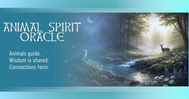 Animal Spirit Oracle banner showing a misty twilight forest with a flowing stream, standing stones,
