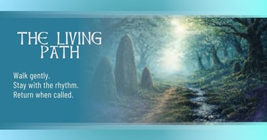 The Living Path banner showing a misty woodland path winding through an ancient forest with standing