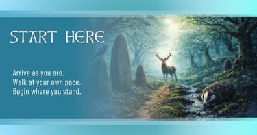 “Twilight forest scene with a stag, crow, badger, standing stones, and a misty path, used as the Ani