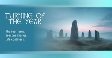 Misty standing stone circle at dawn beneath a teal and lavender sky, representing the Turning Year a