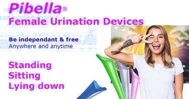 Pibella female urination devices (FUD) for standing, sitting, and lying down.