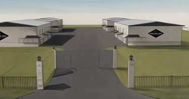 Rendering of a road with a gated entrance to Diamond Garage Condos