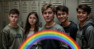 ai generated image of my characters standing in front of high school lockers with a rainbow