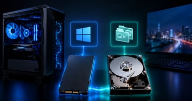 computador usando SSD para sistema e HD para arquivos e backup