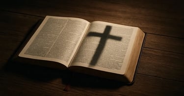 Shadow of cross cast over open Bible — symbol of God's forgiveness and grace after sin