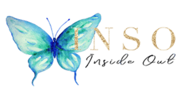 teal butterfly with gold INSO and Inside Out in black letters