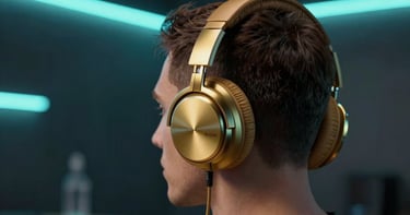 Artistic photography of a person wearing sleek metallic gold headphones in a dark room with neon cyan ambient lighting.