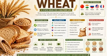 Whole wheat grains and wheat bread showing nutrition and health benefits