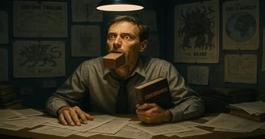 Man with a brick in his mouth surrounded by end-times charts, symbolizing futurists choking on the meaning of aion.