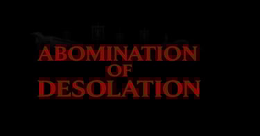 Abomination of Desolation text in bold red with faint Roman standards and ruins in the background