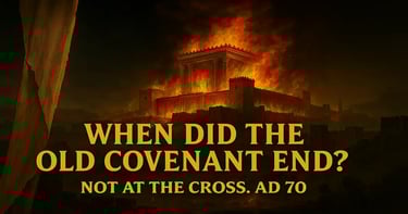 Burning Jerusalem temple in AD 70 with torn veil, symbolizing the Old Covenant’s end when sacrifices stopped.