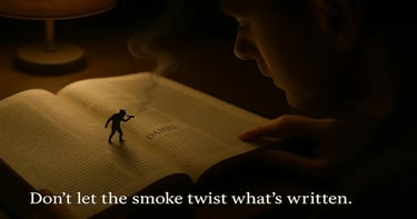 Reader studying Daniel as a tiny dark figure blows smoke over the page, symbol of twisting Scripture and hidden truth.