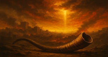 Golden light and red skies over fallen Jerusalem, symbolizing the last trumpet and the rise of Christ’s kingdom.