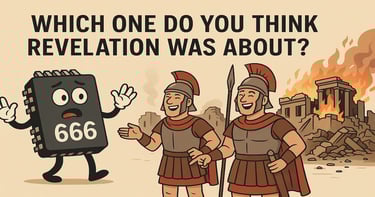 Cartoon microchip with 666 mocked by Roman soldiers before burning Jerusalem ruins, showing Revelation was fulfilled.