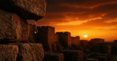 A tear-shaped droplet hangs from ancient Jerusalem stone walls at sunset, symbolizing Jesus weeping and fulfilled prophecy.