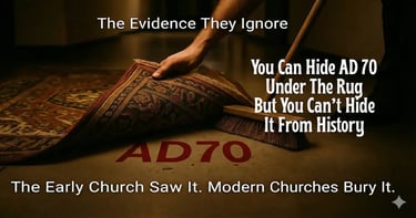 Man sweeping AD 70 under a rug in a church hallway, symbolizing how modern churches hide the fulfilled prophecy of Jesus.