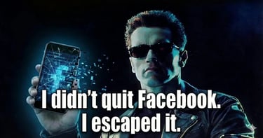 Man holding a smartphone with digital code breaking apart and text reading I didn't quit Facebook I