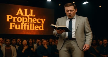 Modern preacher with wet pants reading Luke 21:22 as all prophecy fulfilled flashes on screen, congregation shocked in church