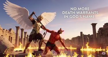 Angel casting devil into lake of fire, Jerusalem ruins in background, symbolizing end of old covenant.