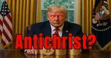 Red text Antichrist over Donald Trump with glowing eyes and Bitcoin stacks in the Oval Office