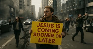 Man holds yellow sign reading “Jesus is coming sooner or later” during earthquake chaos, mocking prophecy panic.