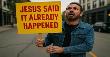 Panicked man holding a yellow sign that says Jesus said it already happened on a city street, emphasizing AD 70 fulfillment.