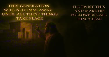 Jesus points to the Temple with words of prophecy as the devil schemes in shadows, picture of AD 70 judgment fulfilled.