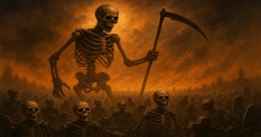 Fiery graveyard with skeletons rising from the dead under an apocalyptic sky, symbolizing the resurrection and judgment.