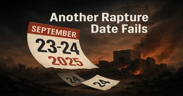 Calendar of September 23-24, 2025 falling into ruins of Jerusalem Temple, symbol of failed rapture date prophecy.