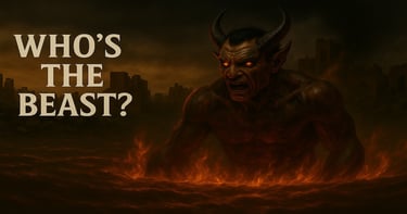 Who's the Beast of Revelation? Illustration of horned beast rising from fire, ancient ruins, 666, Rome, Nero, Bible prophecy