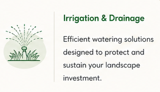 Irrigation and drainage solutions graphic featuring a lawn sprinkler icon and landscape watering text.