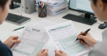 Wide environmental shot of a business meeting room in natural daylight, two people seated across a table reviewing printed financial documents, hands visible on papers, open notebooks, a laptop screen showing a spreadsheet in the background, warm window light from the left, documentary framing