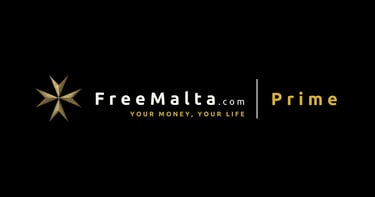 FreeMalta.com Prime logo featuring a gold Maltese cross and the slogan Your Money Your Life on a black background.